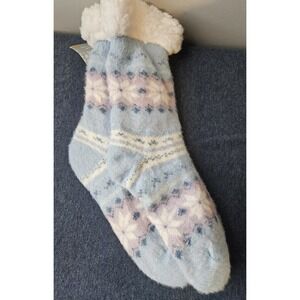 Women's Sherpa Lined Slipper Socks Blue Snowflake‎ Soft Warm Non-Slip